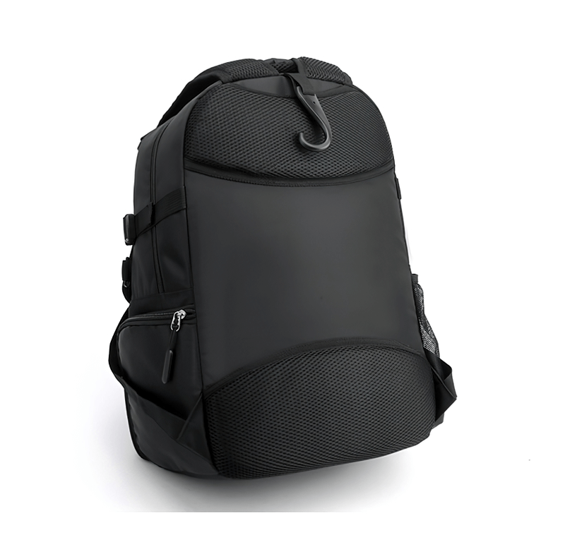 Black sports backpack with shoe compartment and detachable net pocket, unisex design, ideal for gym or travel, waterproof material.